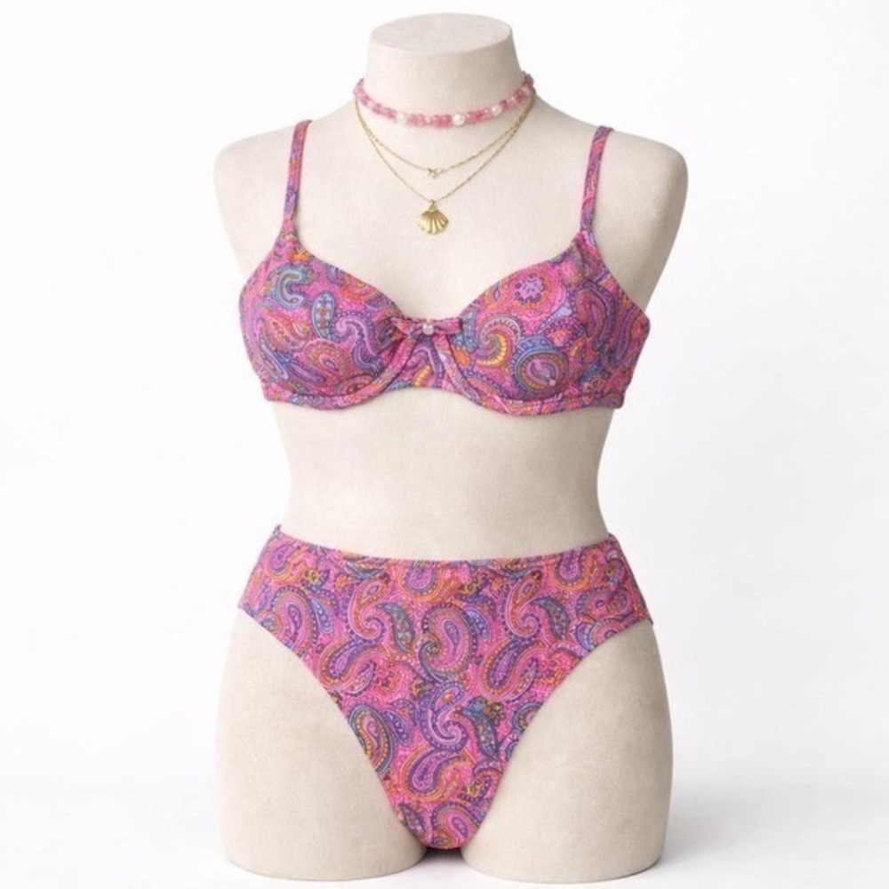 Vintage Paisley Bikini Set High Waist Y2K Swimwear Bermuda unlined underwire - Picture 2 of 6